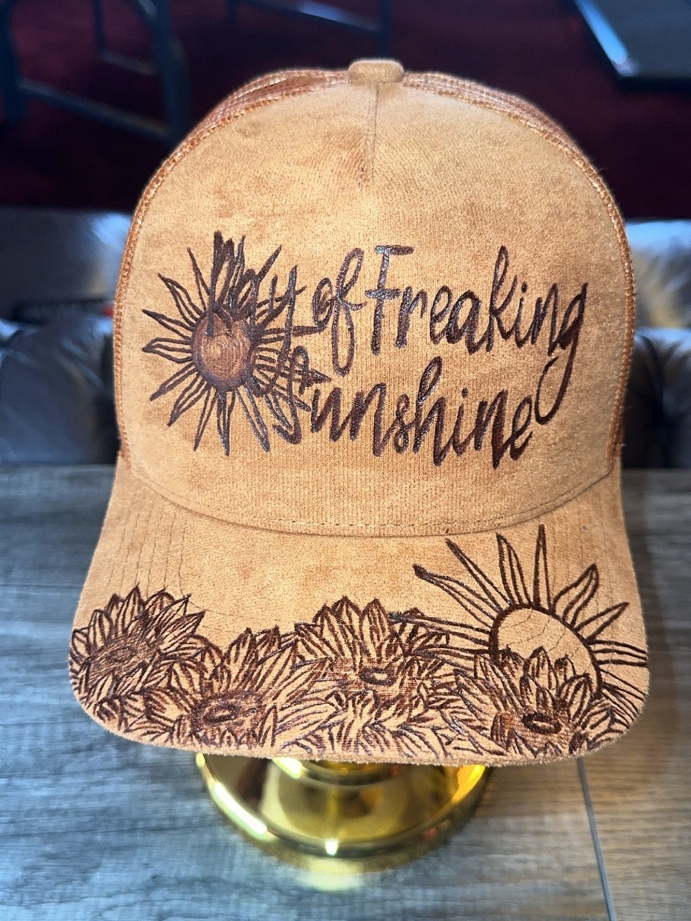 Freaking Sunshine Sunflower Hand Burned Cap